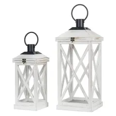 Modern Farmhouse White Wooden Lantern Set, 24" & 17"