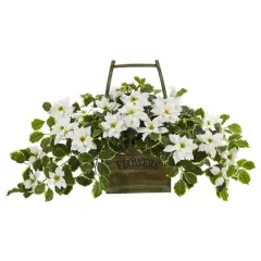 18&rdquo; White Poinsettia & Variegated Holly Artificial Plant in Vintage Decorative Basket
