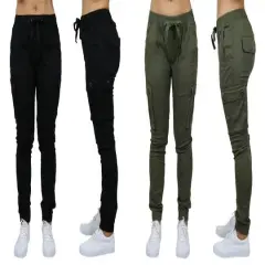 Galaxy By Harvic Loose Fit Cotton Stretch Twill Women's Cargo Joggers 2 Pack Black/Olive