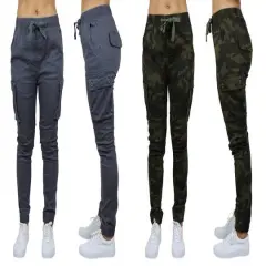 Galaxy By Harvic Loose Fit Cotton Stretch Twill Women's Cargo Joggers 2 Pack Grey/Camouflage