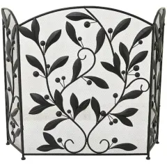 Black Metal Foldable Mesh Netting 3 Panel Scroll Fireplace Screen with Leaf and Vine Relief 45" x 1" x 30"