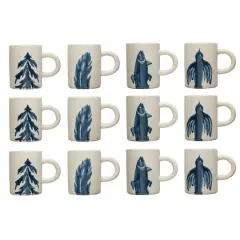 Hello Honey&reg; 12oz. Antique White and Blue Farmhouse Hand Painted Stoneware Mugs Set with Painted Flora and Fauna