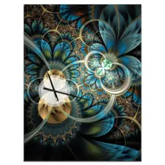 Designart Symmetrical Blue Gold Fractal Flower Rectangular Wall Clock