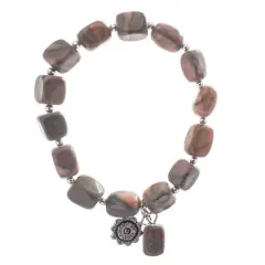 John Bead Jasper Gray Natural Stone Stretch Bracelet with Flower Charm