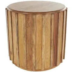 18.25" Brown Mango Wood Handmade Concaved Curve Drum Accent Table with Ridges