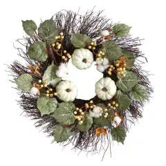 22" Autumn Green Pumpkin, Cotton & Berries Fall Wreath