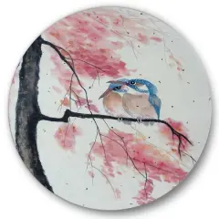 Designart - Two Kingfisher Birds Sit On A Flowering Branch - Traditional Metal Circle Wall Art