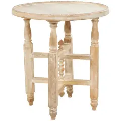 23" Cream Mango Wood Whitewashed Accent Table with Silver Beaded Rim and Turned Legs