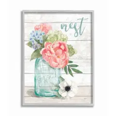 Stupell Industries Nest Grow Flower Jar Rustic Wood Textured Word Design Gray Framed Wall Art