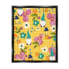 Stupell Industries Yellow Tartan Patterned Spring Gnomes Mushrooms Floater Framed Art Black