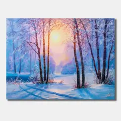 Designart - Warm Sunshine Reflection Over Winter Forest River III - Farmhouse Canvas Wall Art Print