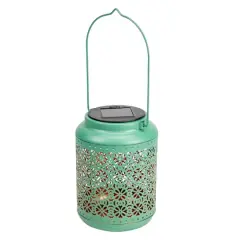 7" Green Integrated Floral Pattern Outdoor Solar Lantern with Handle