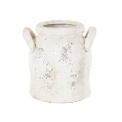 8.25" Cream Ceramic Antique Style Distressed Decorative Vase with Handles