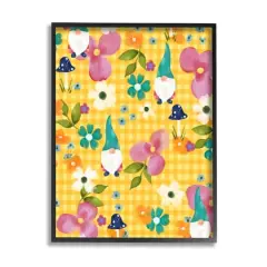 Stupell Industries Yellow Tartan Patterned Spring Gnomes Mushrooms Framed Giclee Art Black