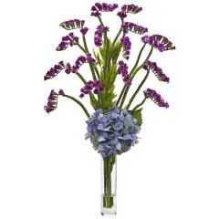 22" Hydrangea & Statice Bud Arrangement in Vase Blue/Purple