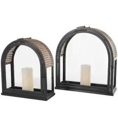 Gold Top Black Metal Arched Candle Lantern Set