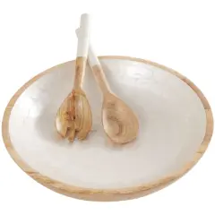 Mango Wood Decorative Bowl with Serving Utensils Set Cream