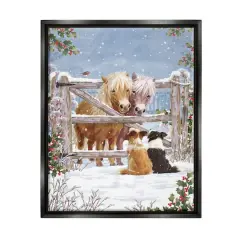 Stupell Industries Ponies & Dogs Winter Farm Scene Framed Floater Canvas Wall Art Black