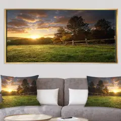 Designart - Fenced Ranch at Sunrise - Landscape Framed Canvas Art Print Gold