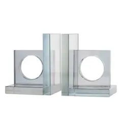 6" Silver Crystal Geometric Square Bookends with Circle Cut Outs Set