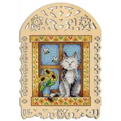 MP Studia Grey Cat Cross Stitch On Wood Kit