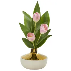 18" Tulip Arrangement In Gold & Cream Elegant Vase Pink