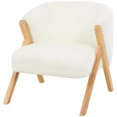 White Polyester Rounded Boucle Accent Chair with Angled Wooden Legs