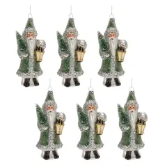 6.5" Green Glittered Glass Santa Ornaments, 6ct.