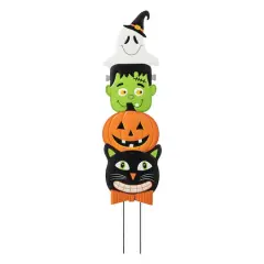 Glitzhome&reg; 3.5ft. Halloween Metal Stacked Ghost, Frankenstein, Black Cat and Pumpkin Yard Stake