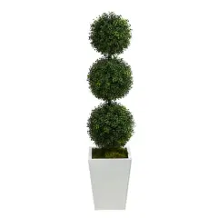 4ft. Boxwood Triple Ball Topiary Artificial Tree in White Metal Planter