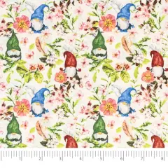 SINGER Springtime Gnomes on White Cotton Fabric