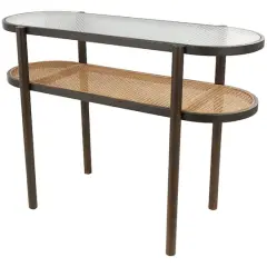 Brown Rattan Console Table with Pressed Tempered Glass Top