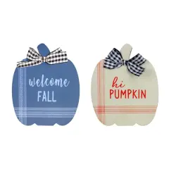 8" Blue & Beige Fall Harvest Wooden Pumpkin Welcome Plaque Set