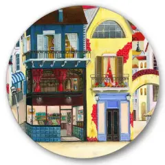 Designart - The Facade of The Buildings In A Cozy Streets - French Country Metal Circle Wall Art