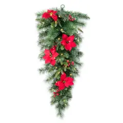 Glitzhome&reg; 3ft. Pre-Lit Pine, Poinsettia & Berries Christmas Teardrop Swag
