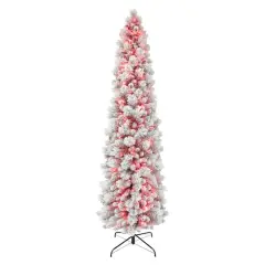 7.5ft. Pre-Lit Flocked Portland Pine Artificial Pencil Christmas Tree, Pink Lights