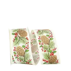JAM Paper 2.5" x 20yd. Ivory Pinecone Holly Berries Linen Wired Ribbon
