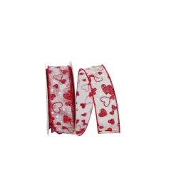 Reliant 1.5" x 20yd. Wired Sheer Glitter & White Hearts Ribbon