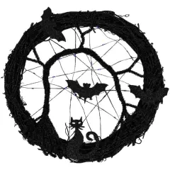 13" Black & Purple LED Halloween Twig Wreath with Bats