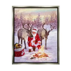 Stupell Industries Santa & Reindeer Bonfire Scene Framed Floater Canvas Wall Art Gray