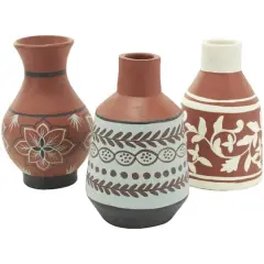Orange Ceramic Floral Vase Set with 3 Different Patterns & Shapes