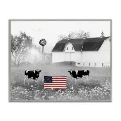 Stupell Industries Americana Barn Country Cows Flag Framed Giclee Art Gray