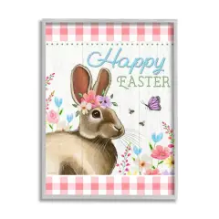 Stupell Industries Happy Easter Floral Gingham Rabbit Framed Giclee Art Gray