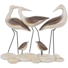 14" Brown Polystone Bird Family Sculpture with Cream Rock Base