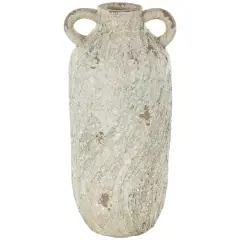 15.5" Cream Magnesium Oxide Antique Textured Amphora Decorative Vase with 2 Small Handles