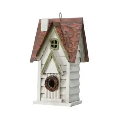 Glitzhome&reg; 12" Washed White Distressed Cottage Birdhouse