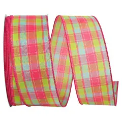 Reliant 2.5" x 50yd. Wired Bright Pink Plaid Ribbon