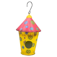 7.75" Red & Yellow Metal Birdhouse With Flowers