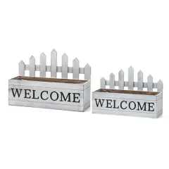 Glitzhome&reg; White Wood WELCOME Fence-Inspired Planter Stand Set