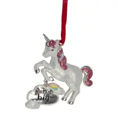 White And Silver Glitter Dream Big Unicorn Enamel Ornament